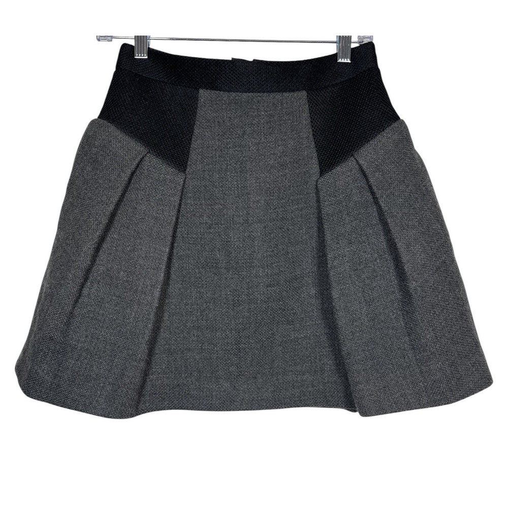 MILLY Sz 4 Skirt 5F Bergdorf Goodman Gray Wool Pleated Lined Zipper Black Yoke